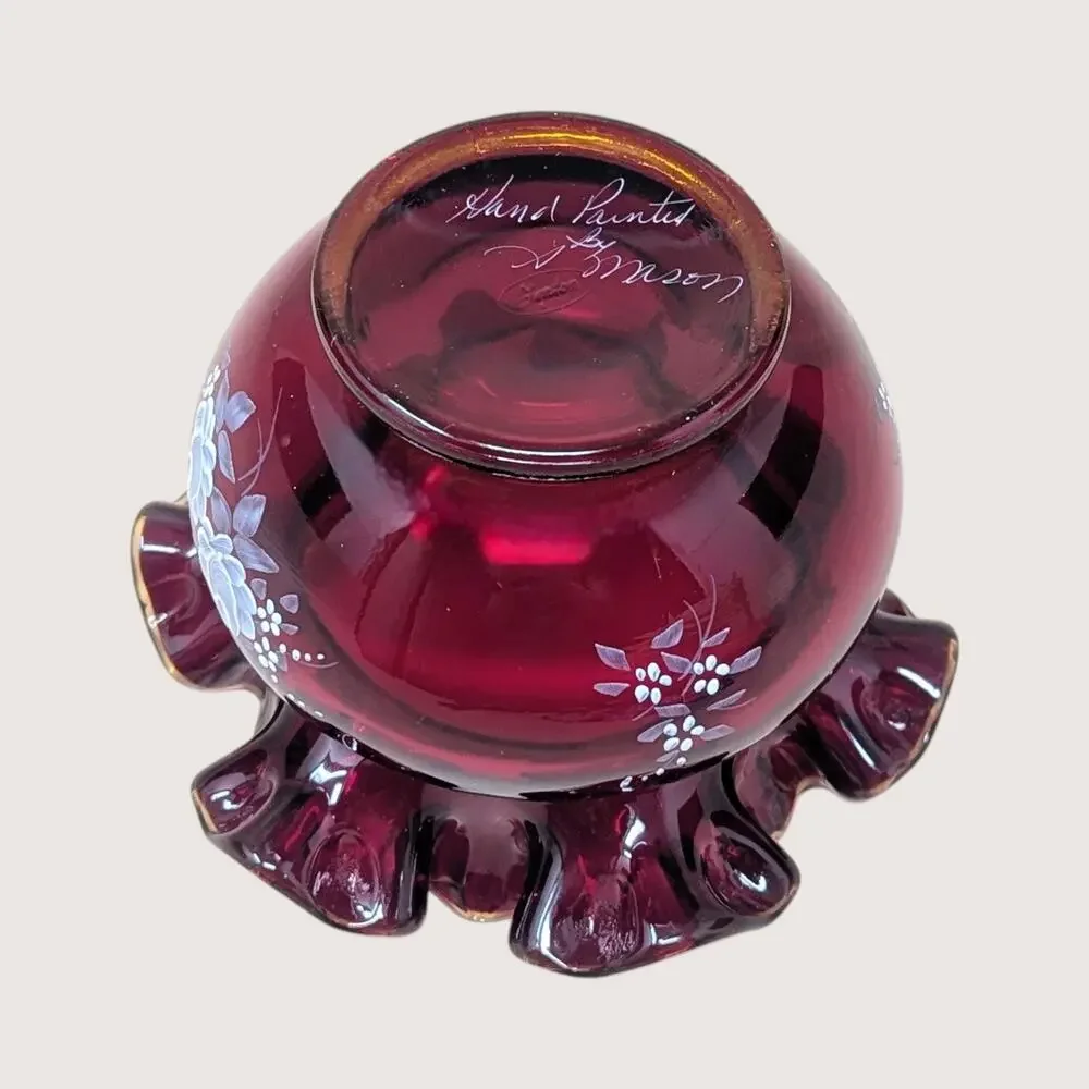 1980s Fenton Ruby Red Glass Hand Painted Ruffled Vase